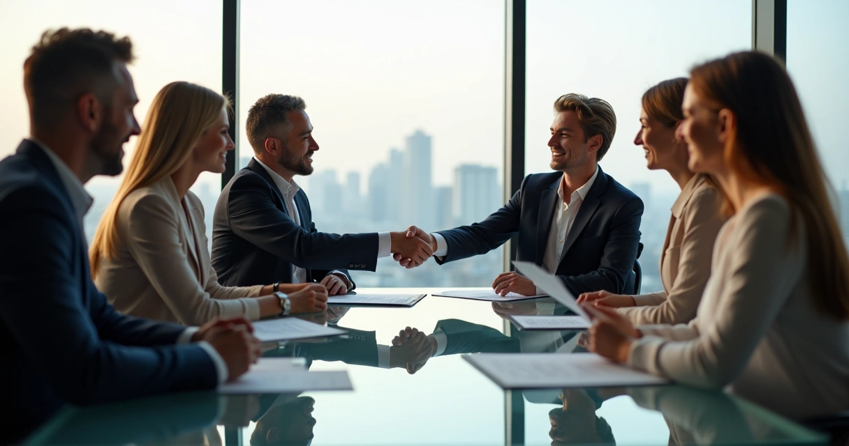 Profissionais sorrindo durante negociação 