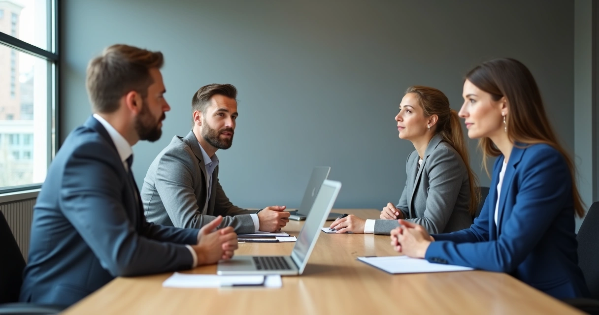 Quatro pessoas em mesa de reunião, duas de cada lado, ouvindo atentamente umas às outras, expressão de concentração e respeito. 