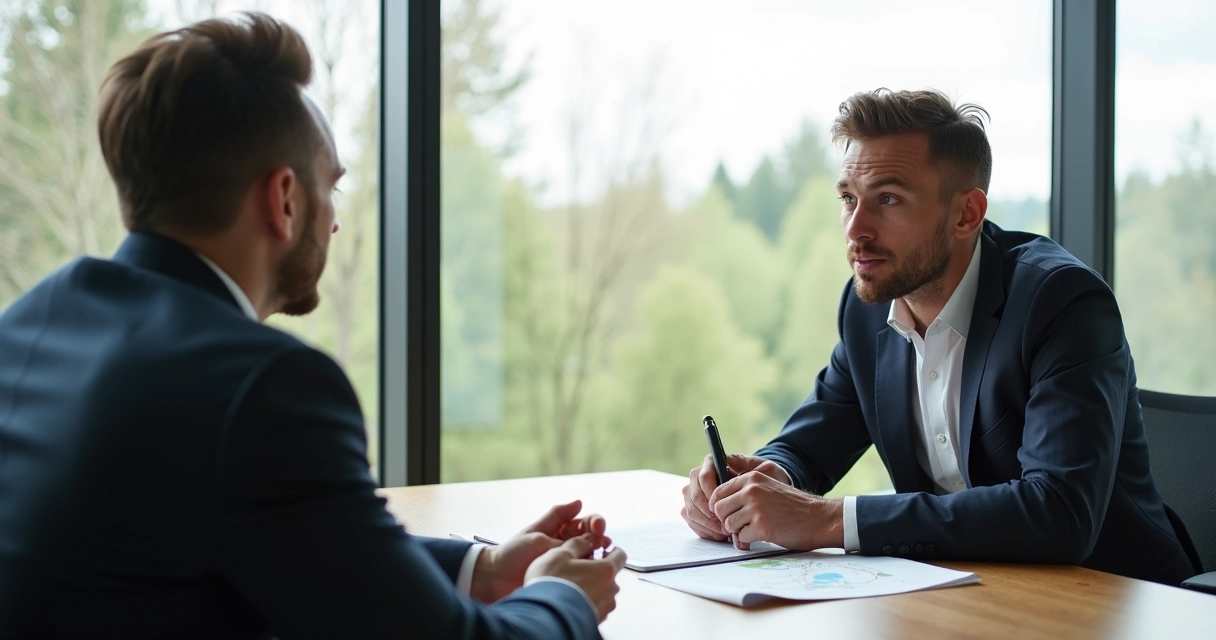 Empreendedor e comprador discutindo negociação de loteamento em escritório moderno com papéis na mesa 