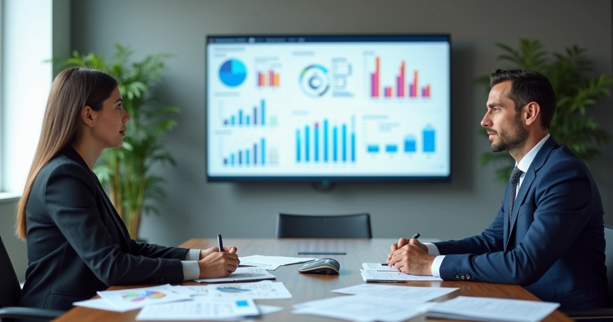 Diretores de empresas em reunião olhando apresentação com gráficos 