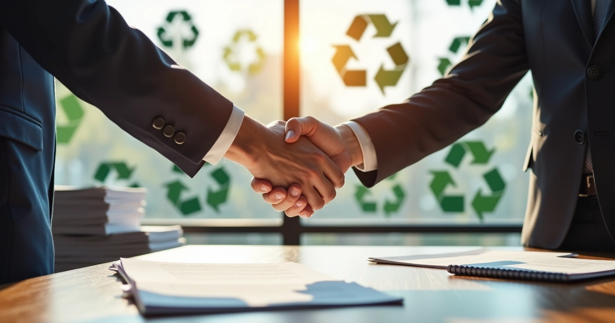 Aperto de mãos entre representante da empresa e líder do projeto de reciclagem 