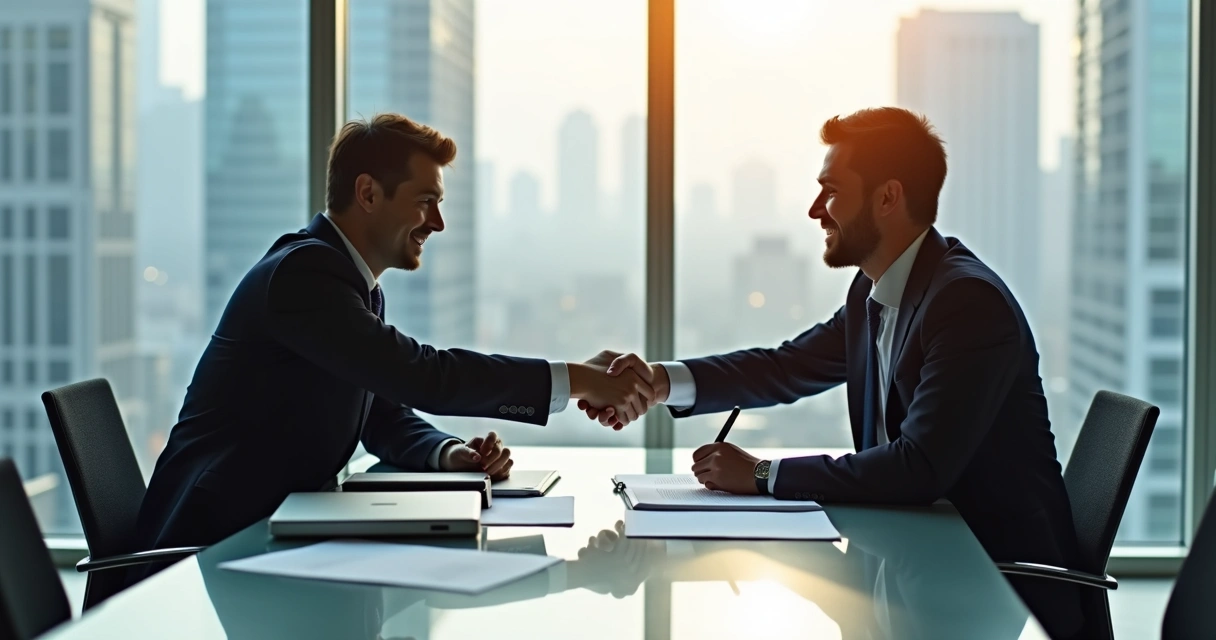 Executivos em reunião fechando acordo B2B 