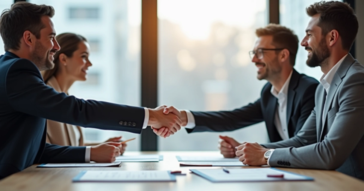 Profissionais fechando acordo em reunião empresarial 