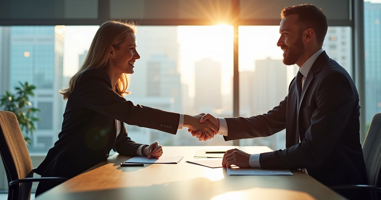 Dois empresários fechando acordo em mesa de negociação
