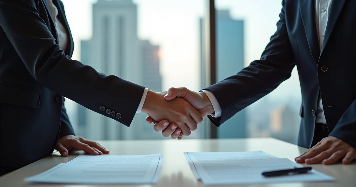 Duas pessoas de negócios apertando as mãos em clima sério com documentos de contrato à mesa