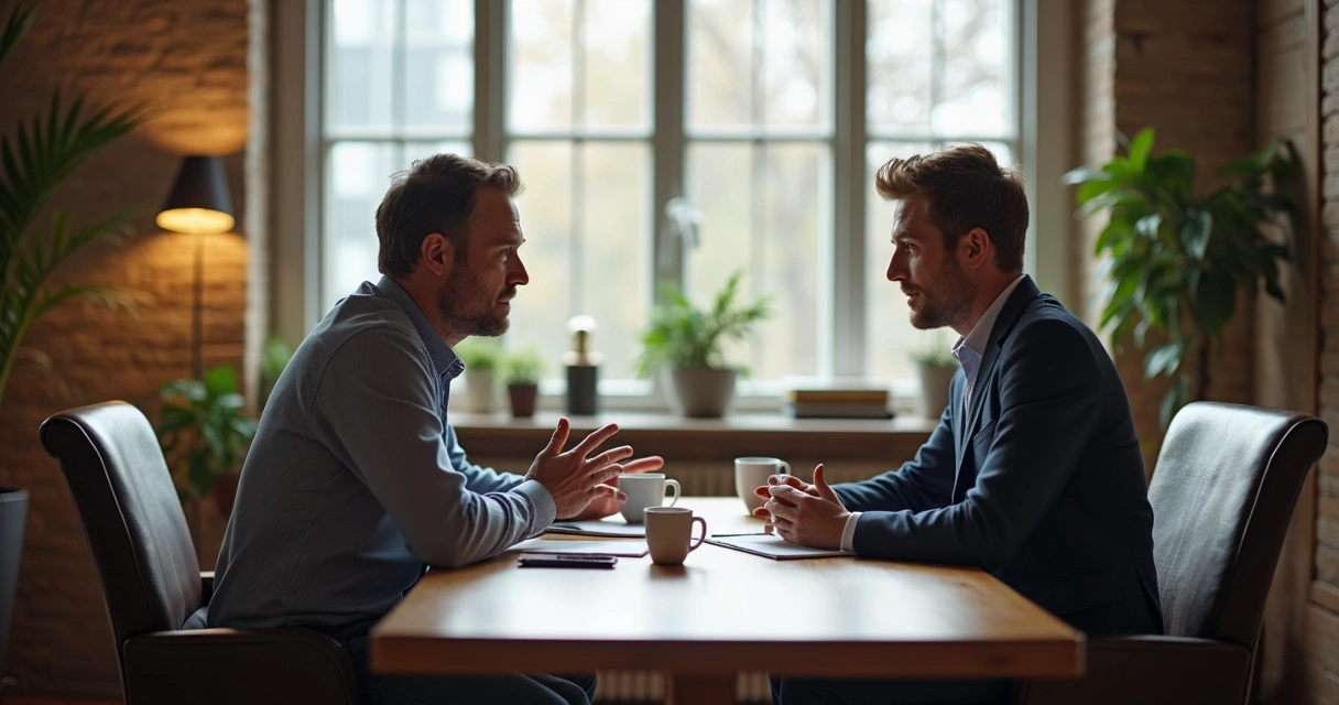 Dois empresários em negociação com xícaras de café na mesa.