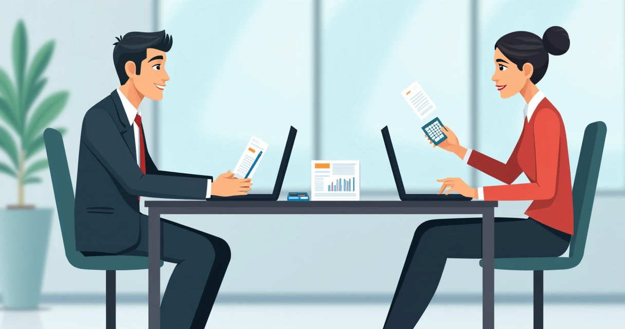 Duas pessoas sentadas à mesa negociando valores com documentos e calculadora entre elas