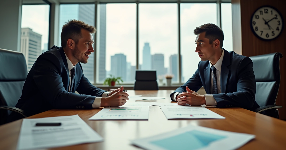Duas pessoas sentadas em uma mesa, com notebooks, discutindo um contrato com gráficos e papéis destacados sobre a mesa 