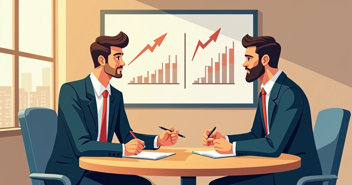 Negociação entre empresário e cliente em escritório com quadro de resultados