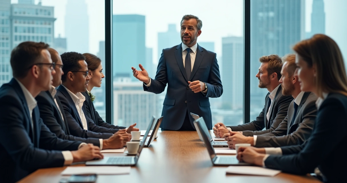 Executivos em mesa de reunião, rostos atentos, expressões sérias misturadas a sorrisos, negociando contrato 