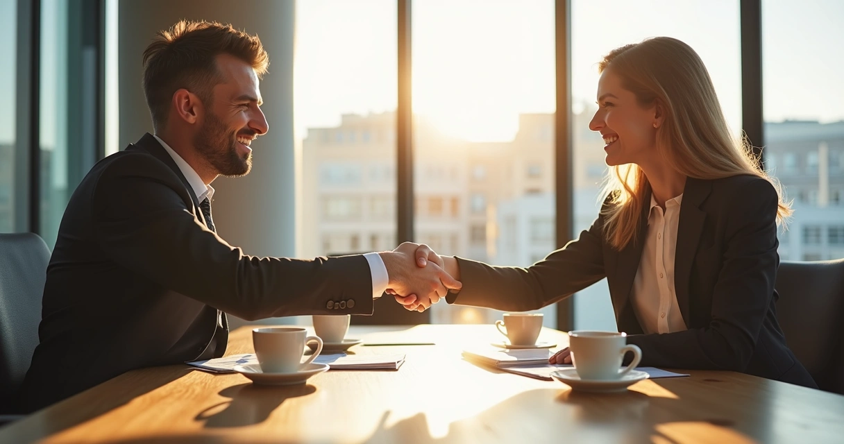 Duas pessoas trocando um aperto de mão, ambas sentadas à mesa de reuniões, com papéis e xícaras de café sobre a mesa, transmitindo sensação de confiança e respeito mútuo. 