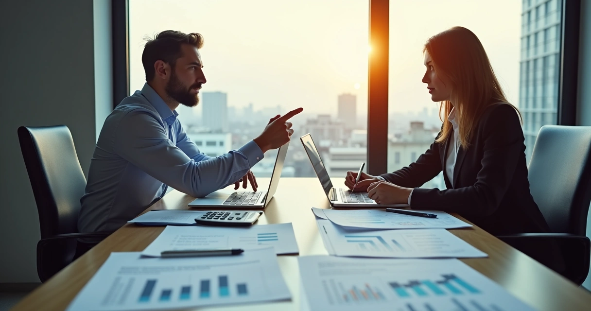 Empresários em negociação debatendo contratos com gráficos e papéis em mesa 