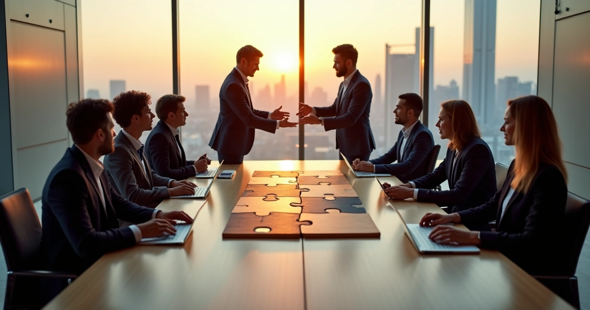 Executivos encaixando peças de quebra-cabeça com silhuetas humanas entre duas empresas 