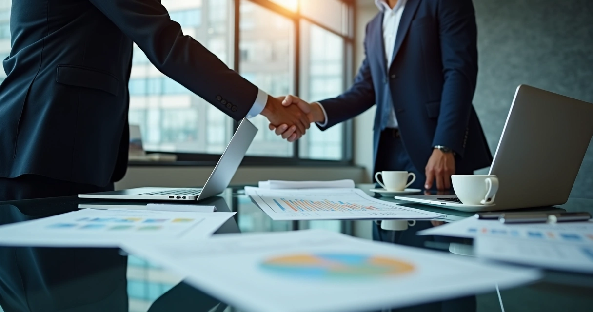 Negociação entre empresários em ambiente moderno, com documentos de M&A sobre a mesa 