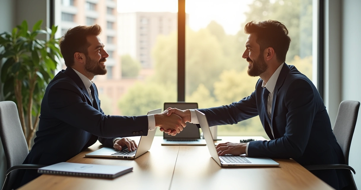 Duas pessoas apertando as mãos em uma mesa de reunião, clima de confiança empresarial 