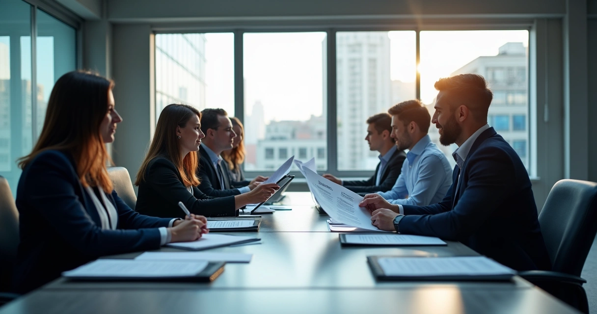 Duas equipes de negócios negociando em mesa de sala de reuniões industrial 