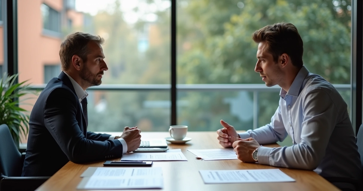 Duas pessoas conversando sobre contrato de empréstimo em um escritório