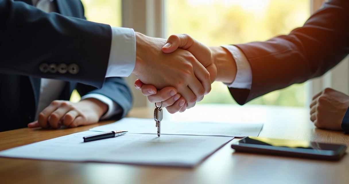 Pessoa e corretor apertando as mãos com contrato e chave entre eles