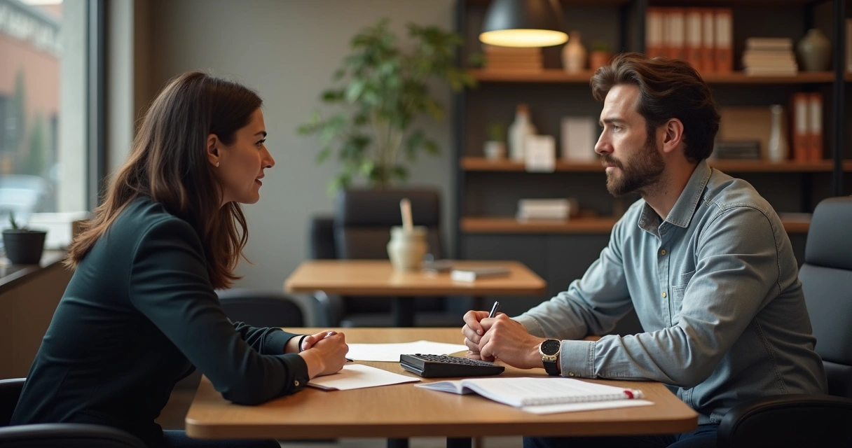Empresário e cliente em mesa conversando sobre dívida