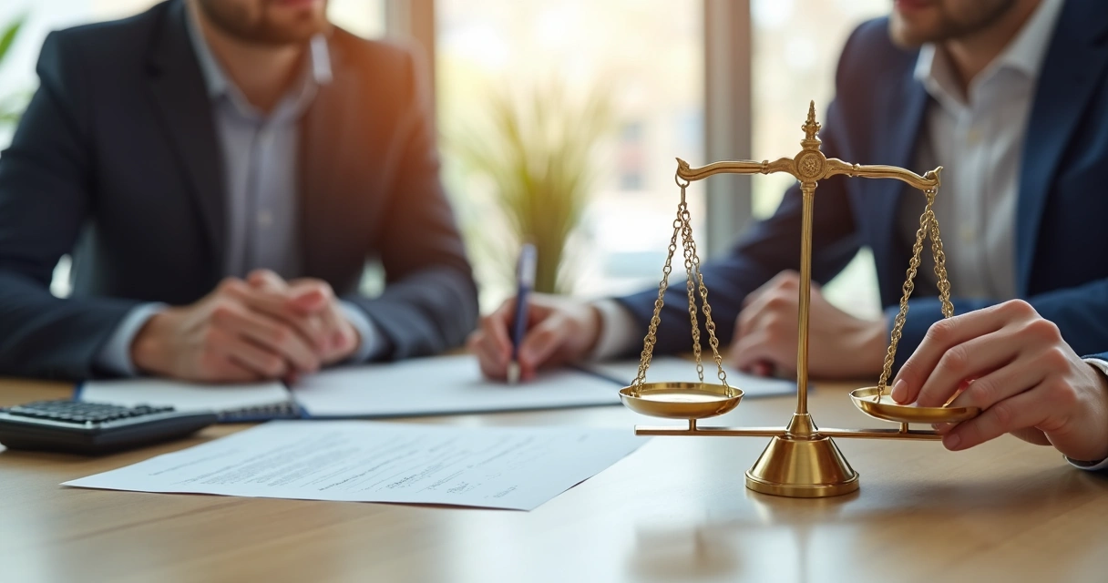 Mãos ajustando a balança dourada em mesa de reunião