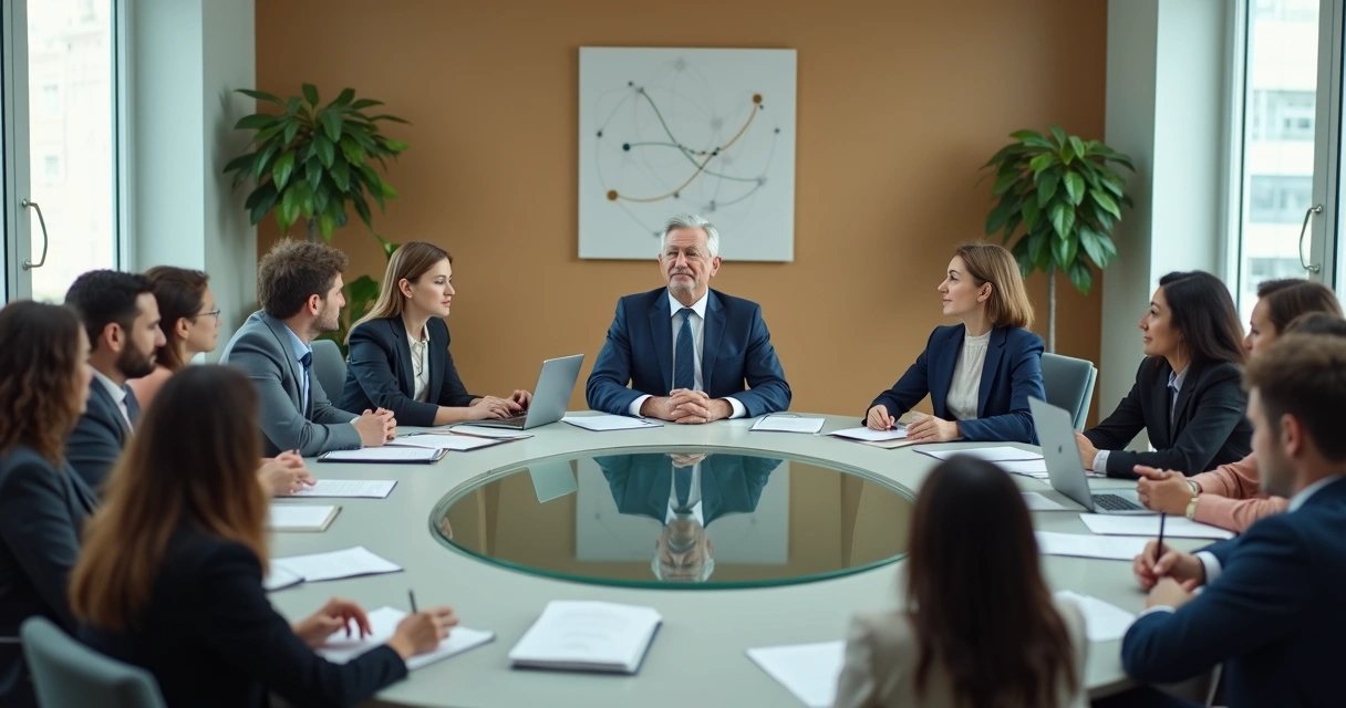 Grande equipe em mesa redonda de negociação com foco em líder consciente ao centro 