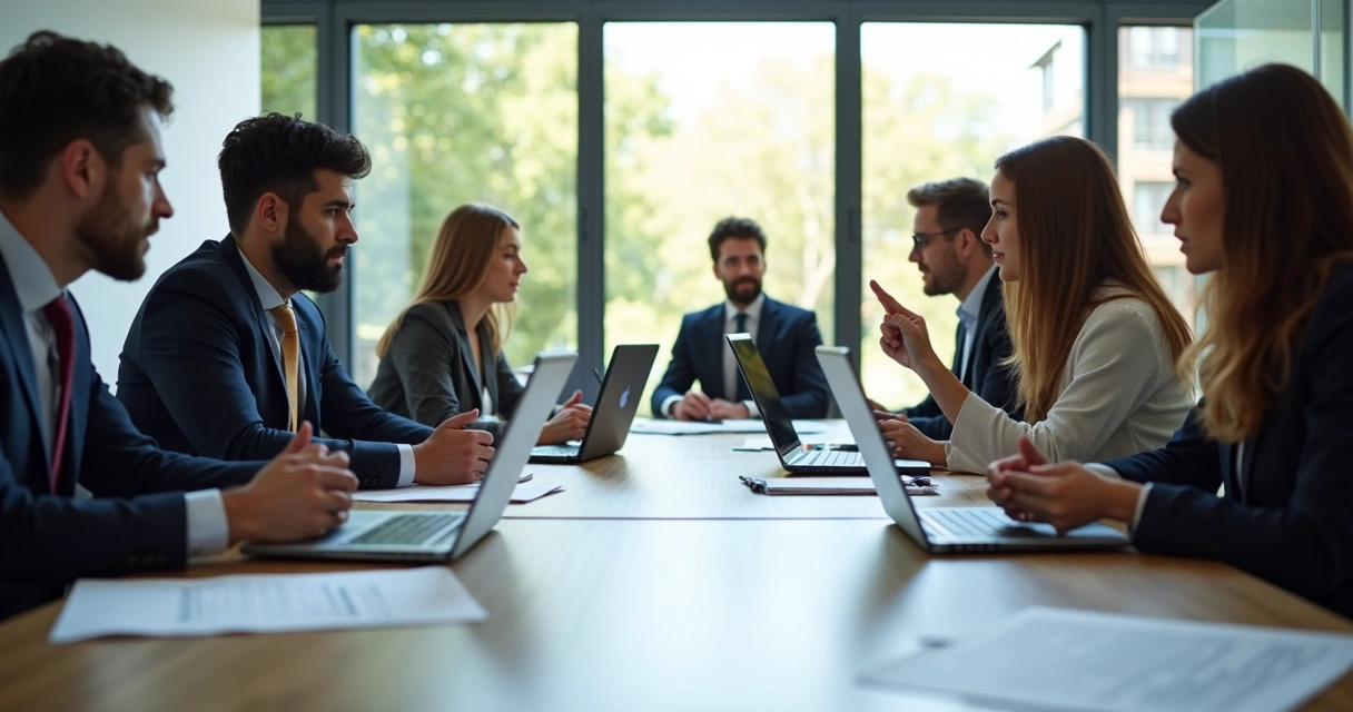 Equipe de vendas em negociação ao redor de uma mesa com vários documentos e laptops abertos 
