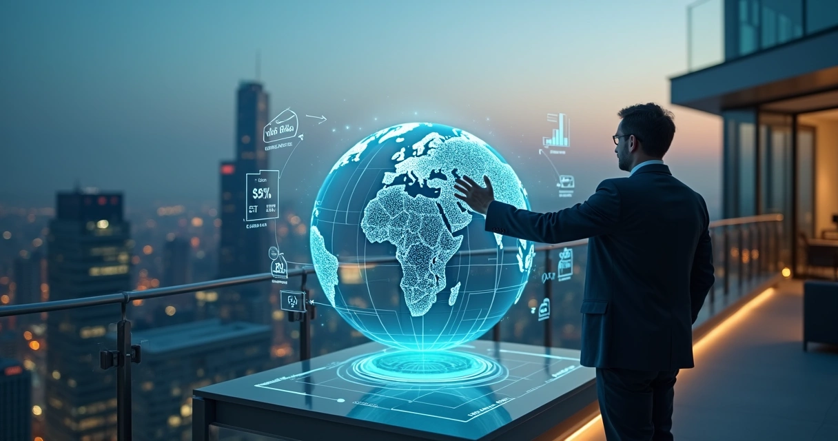 Empresário observando holograma de globo com gráficos financeiros 