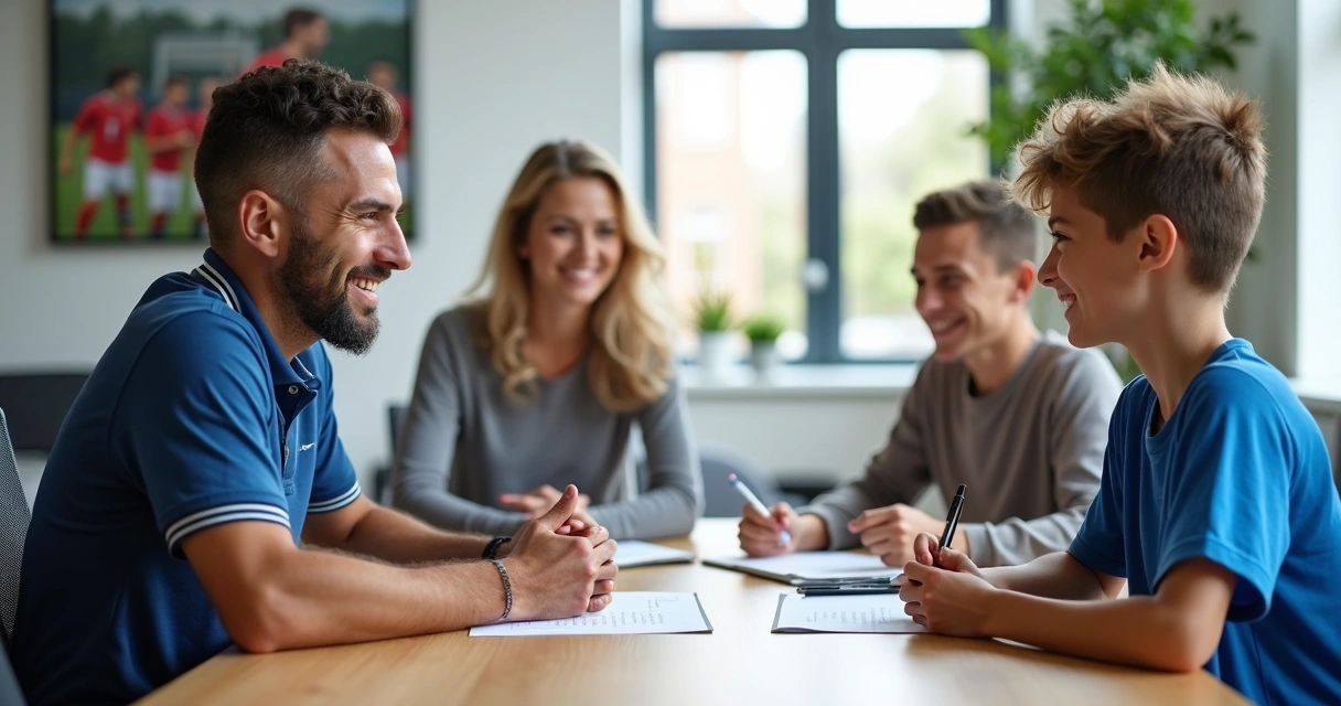Gestor de escola de futebol conversando amigavelmente com família em sala
