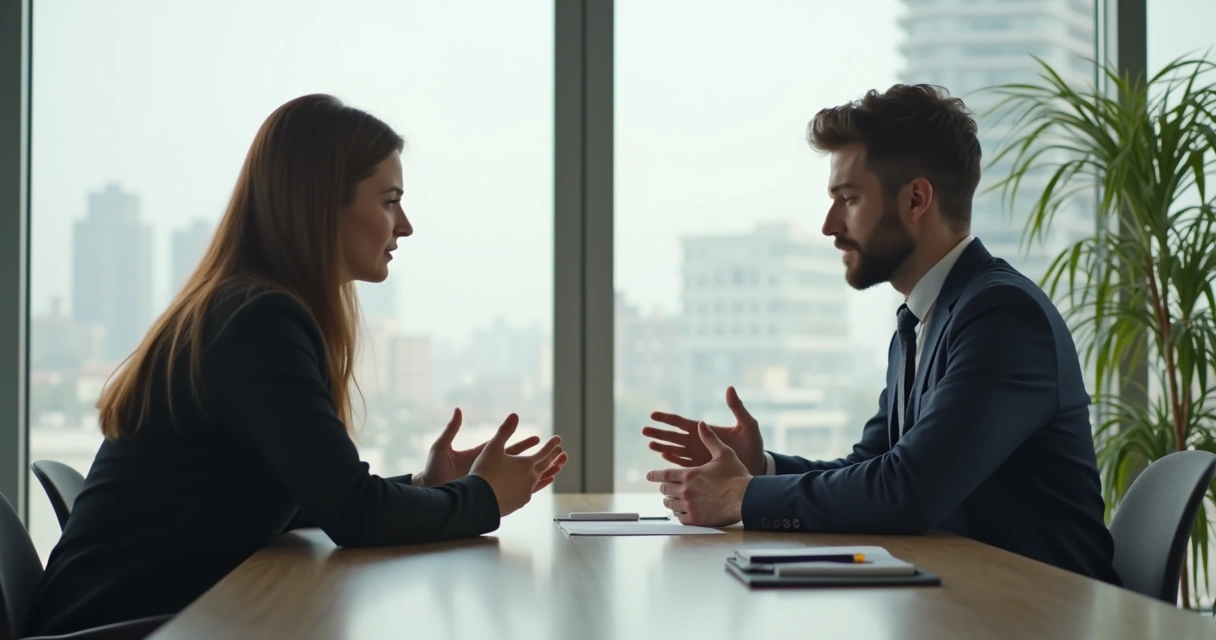 Duas pessoas sentadas em uma mesa de reunião, uma escutando atentamente enquanto a outra fala, com expressões calmas e postura aberta 