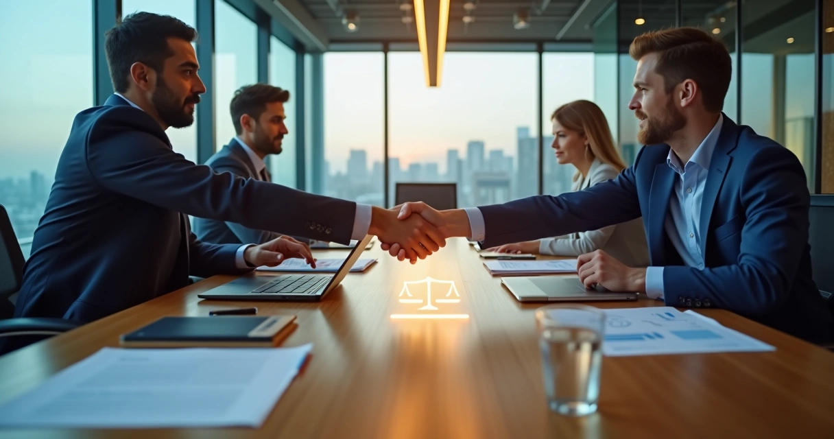 Executivos em reunião de negócios apertando as mãos com transparência e ética 