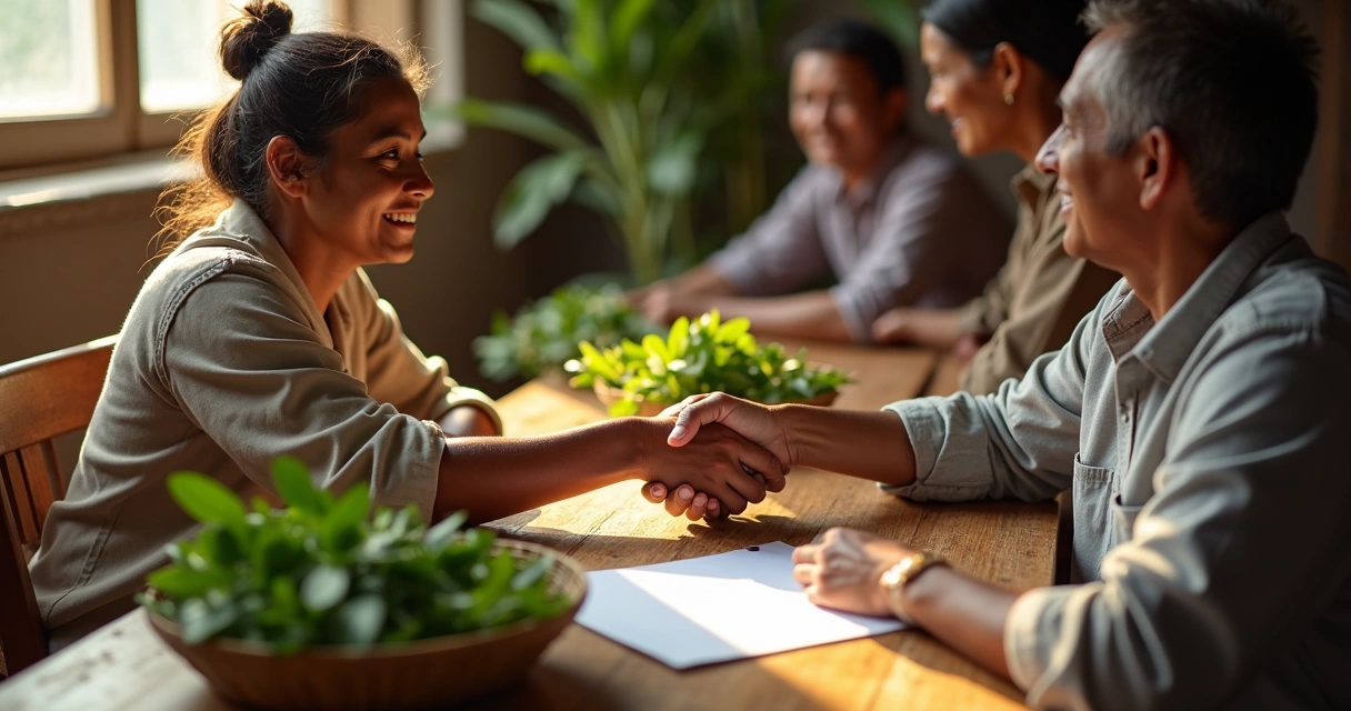 Agricultora e empresário rural apertando as mãos em uma mesa de negociação da moringa