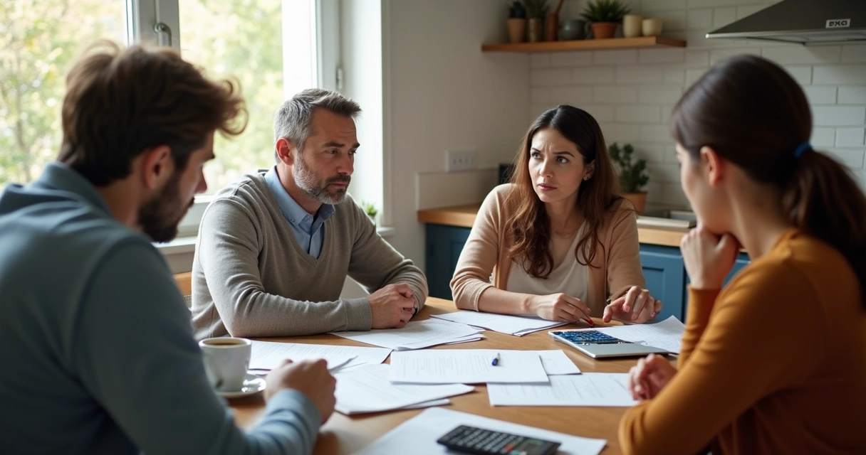 Família reunida na cozinha negociando dívida, rostos sérios, papéis sobre a mesa