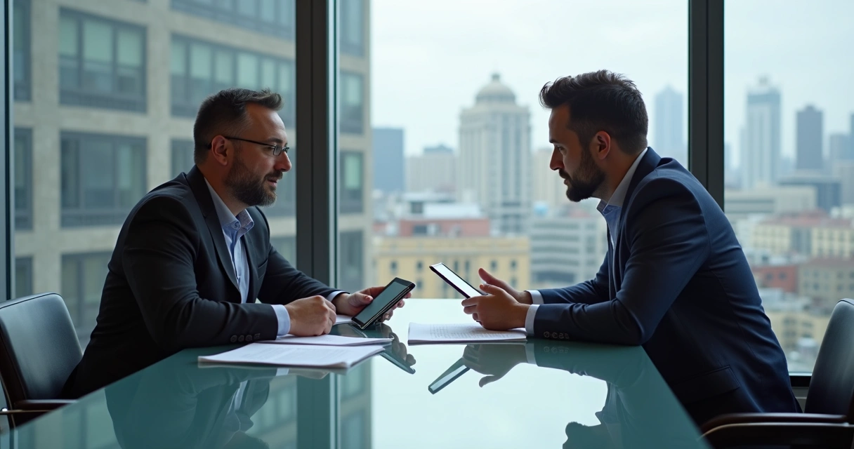 Negociação entre representante de agência digital e cliente em sala de reunião moderna 