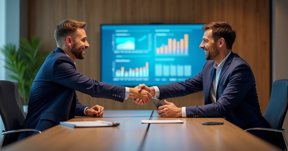 Equipe de vendas em reunião fechando negócio com dados em tela 