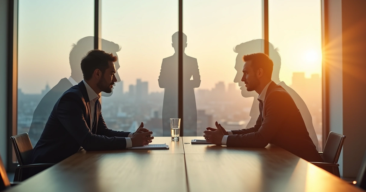 Duas pessoas em negociação em uma mesa, com silhuetas sobrepostas sugerindo camadas de consciência e presença 