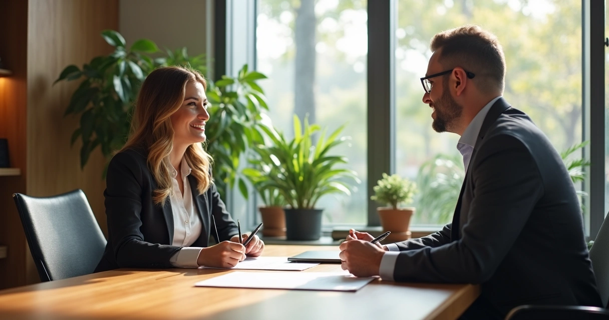 Profissional em negociação financeira com cliente em mesa de escritório 