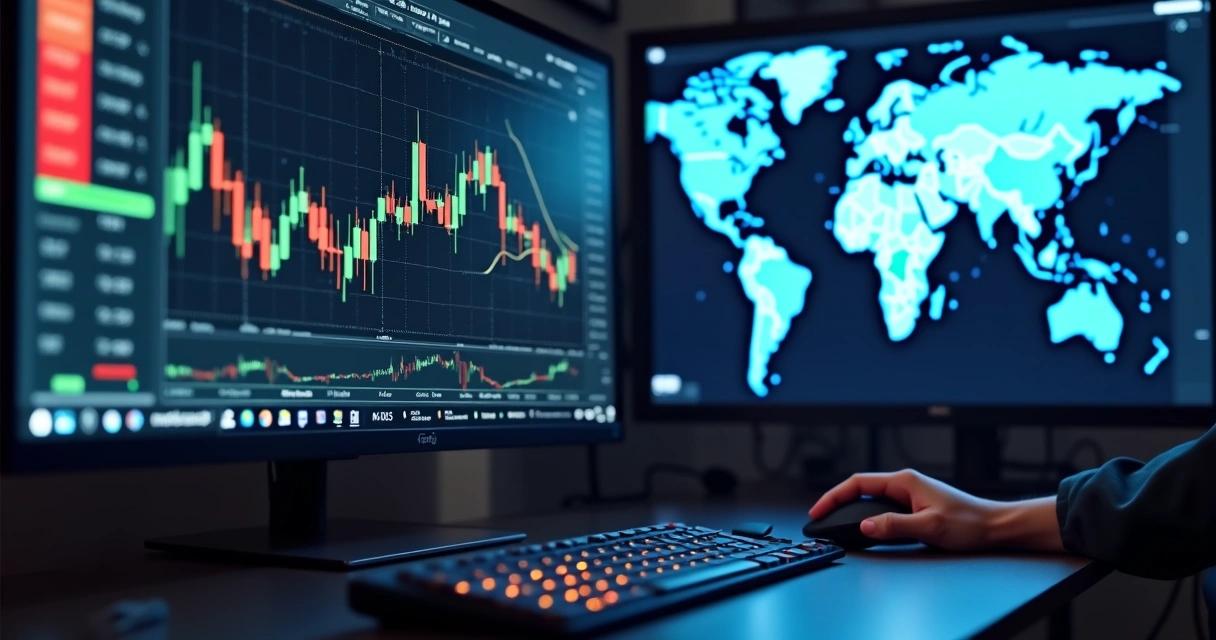 Tela de computador exibindo gráficos financeiros com pares de moedas e cotações do mercado Forex 