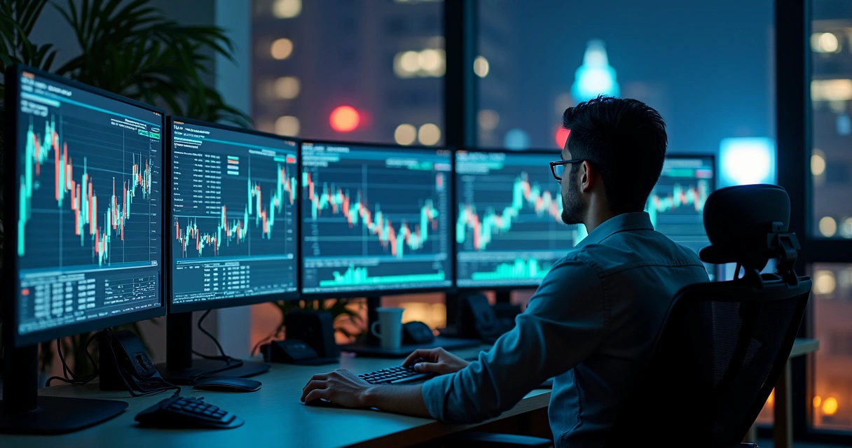 Trader analisando vários monitores com gráficos de moedas 