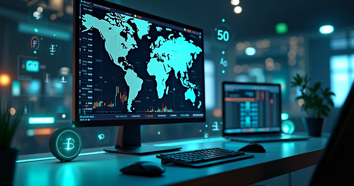 Tela de computador exibindo gráficos financeiros e robôs operando no mercado Forex com mapas de moedas ao fundo 