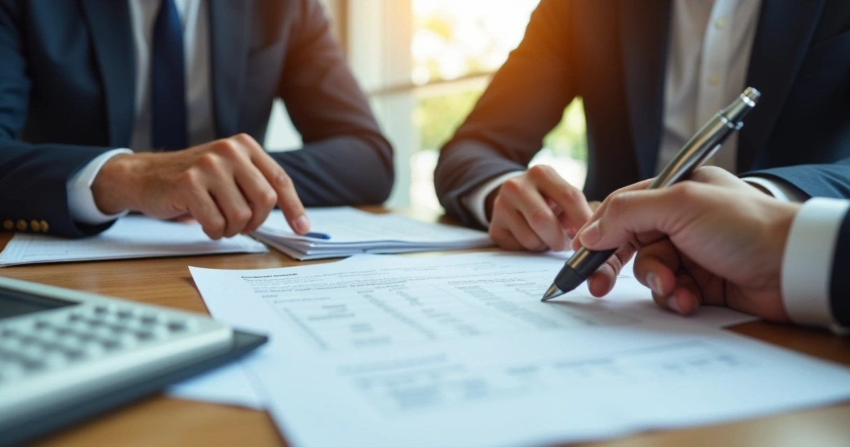 Negociação entre empresário e fornecedor com papéis, calculadora e calendário na mesa 