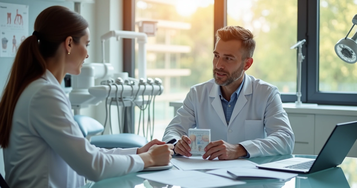 Dentista conversando com representante em consultório 