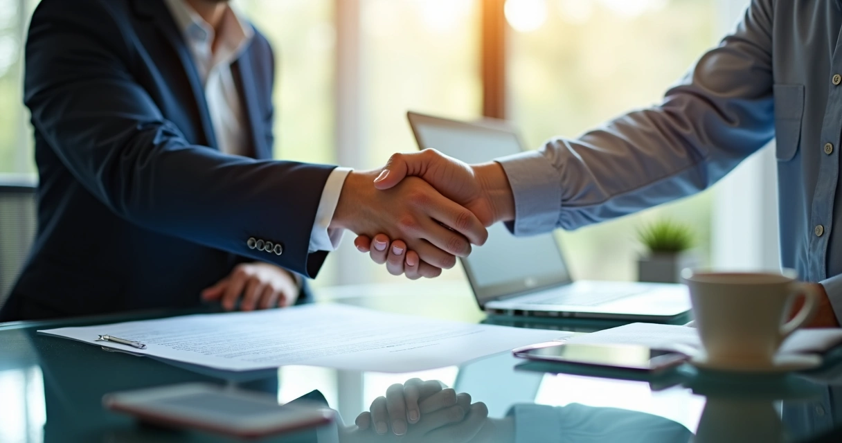 Duas pessoas apertando as mãos sobre uma mesa com contrato e notebook