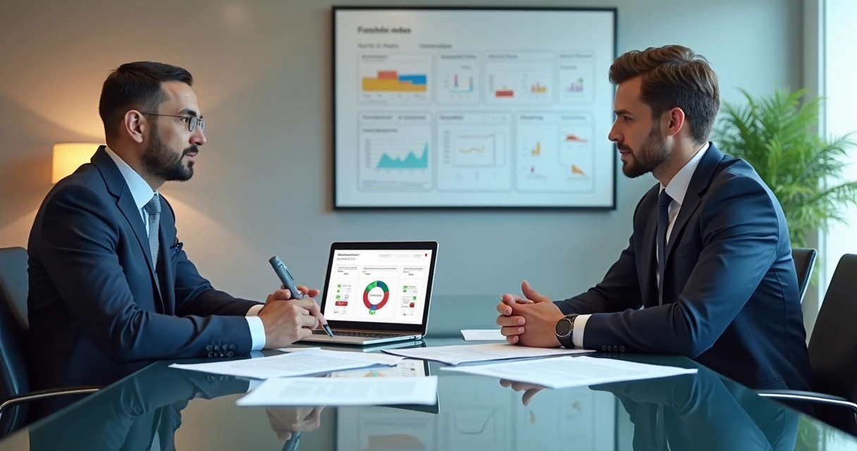 Reunião entre gestor de franquias e fornecedor discutindo contrato de compra coletiva