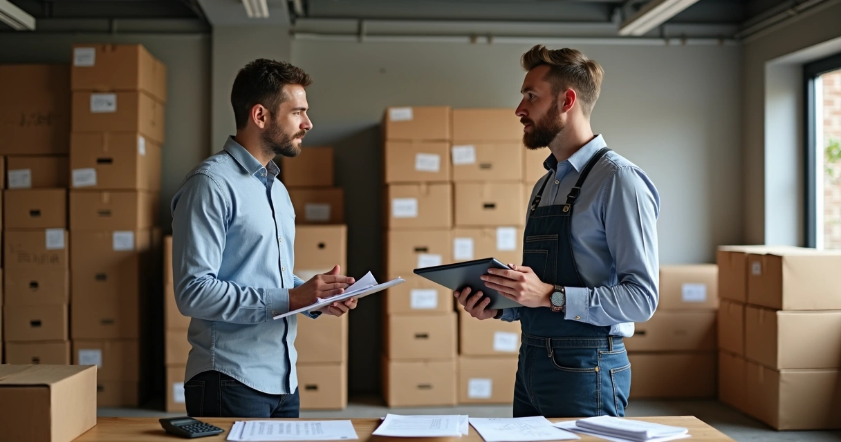 Negociação entre comprador e fornecedor com produtos em caixas empilhadas 