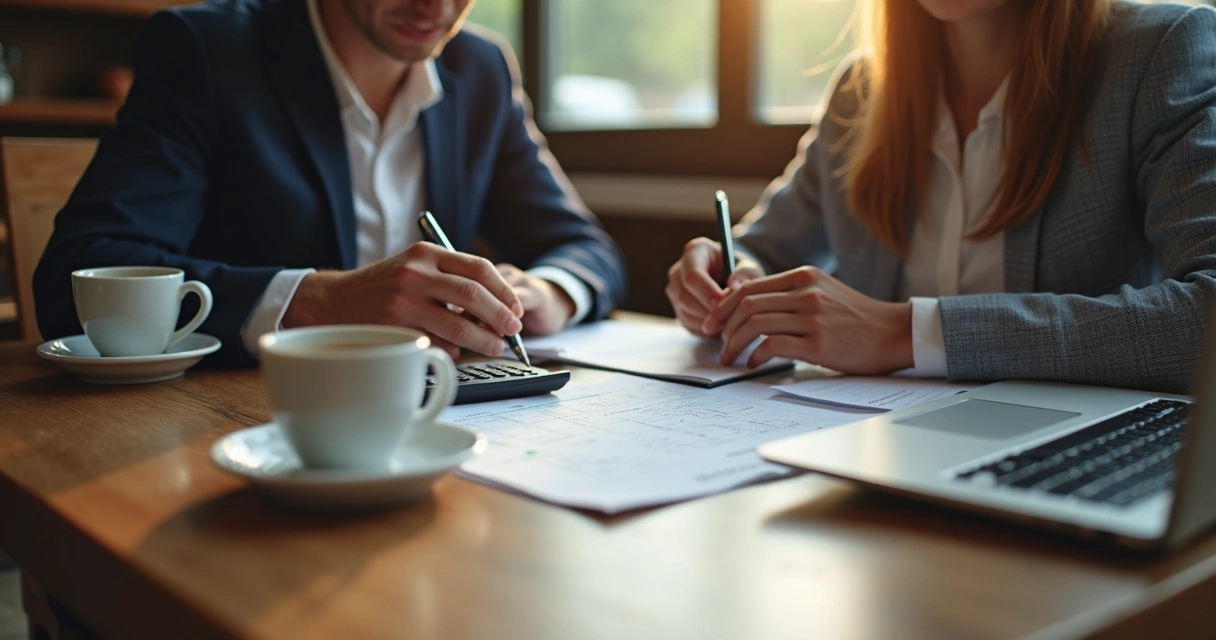 Duas pessoas negociando em mesa de restaurante 