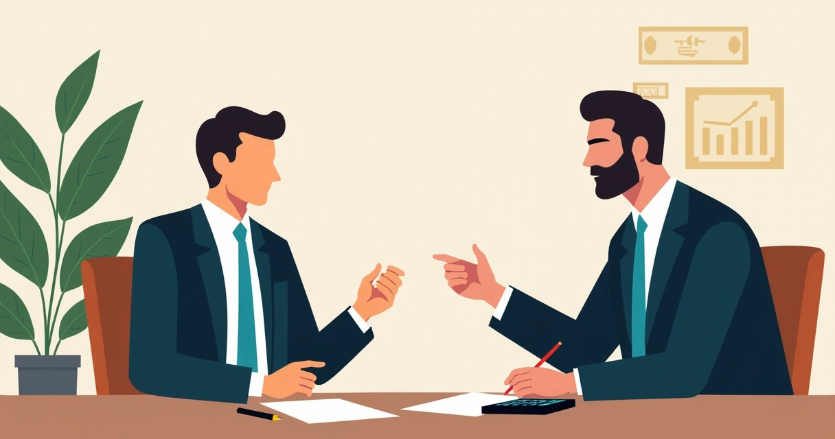 Gestor negociando com fornecedor, ambos em mesa com anotações e calculadora 