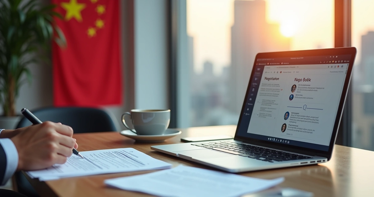 Mesa com laptop aberto mostrando tela de negociação, documentos, caneta e xícara de café ao lado 
