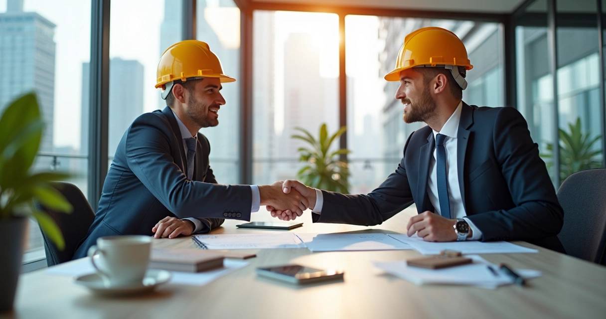 Profissional de construção civil apertando a mão de fornecedor em um escritório com amostras de materiais na mesa 