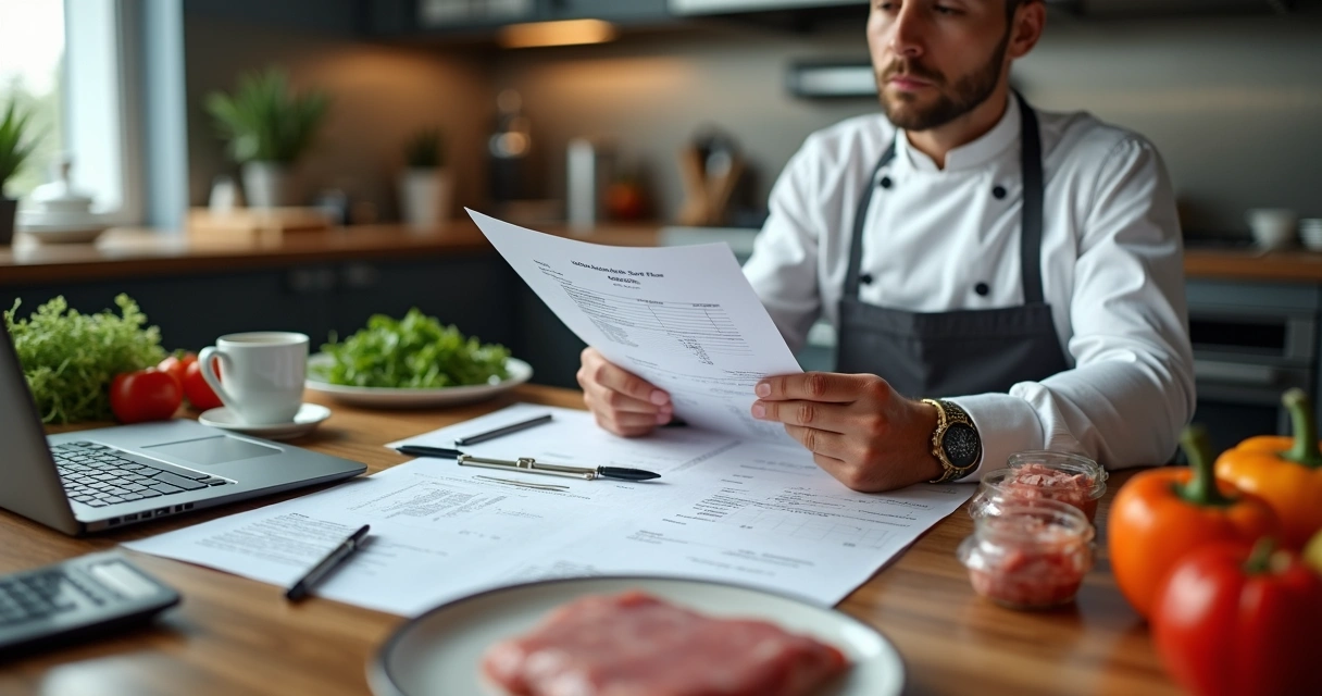 Gestor de restaurante analisando contratos e amostras de produtos 