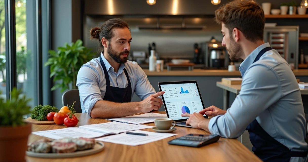 Gestor de restaurante negociando com fornecedor em frente a laptop com gráficos de custos 